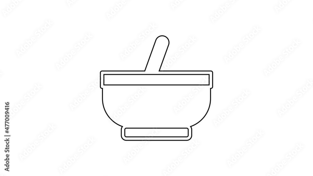 Black line Mortar and pestle icon isolated on white background. 4K Video motion graphic animation Black line Mortar and pestle icon isolated on white background. 4K Video motion graphic animation