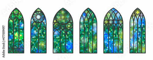 Gothic windows set. Vintage stained glass church frames. Element of traditional european architecture. Vector