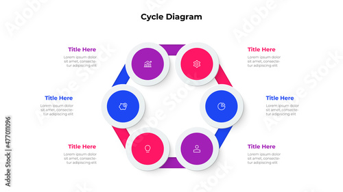 Infographic cyclic diagram with 6 elements. Concept of six steps or options of business cycle. Vector illustration for presentation.