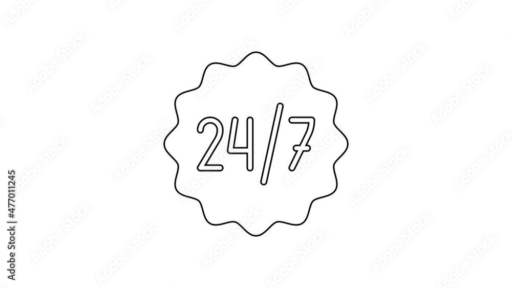 Black line Clock 24 hours icon isolated on white background. All day cyclic icon. 24 hours service symbol. 4K Video motion graphic animation Black line Clock 24 hours icon isolated on white background. All day cyclic icon. 24 hours service symbol. 4K Video motion graphic animation