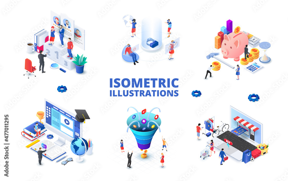 Set of light isometric illustrations. Sales funnel, online education, virtual reality and invesment.