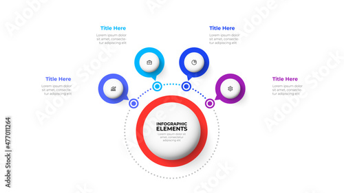 Modern infographic design template. Flow chart with 4 circles connected to main big circle. Concept of four stages of business project.