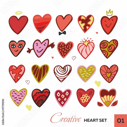 Set of decorative creative cartoon hearts isolated on white. Collection of doodle abstract cute Valentine's day symbols for postcards, posters, stickers, wall decor. Signs of love. Vector illustration