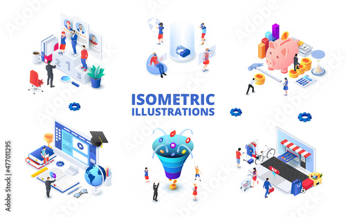 Set of light isometric illustrations. Sales funnel  online education  virtual reality and invesment.
