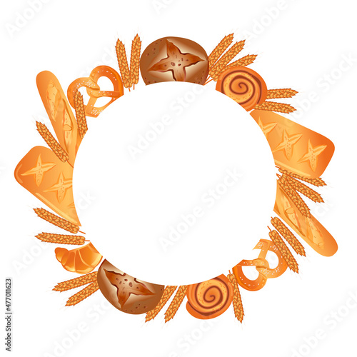 Round frame with ears of corn and bread. Vector illustration on a white background.