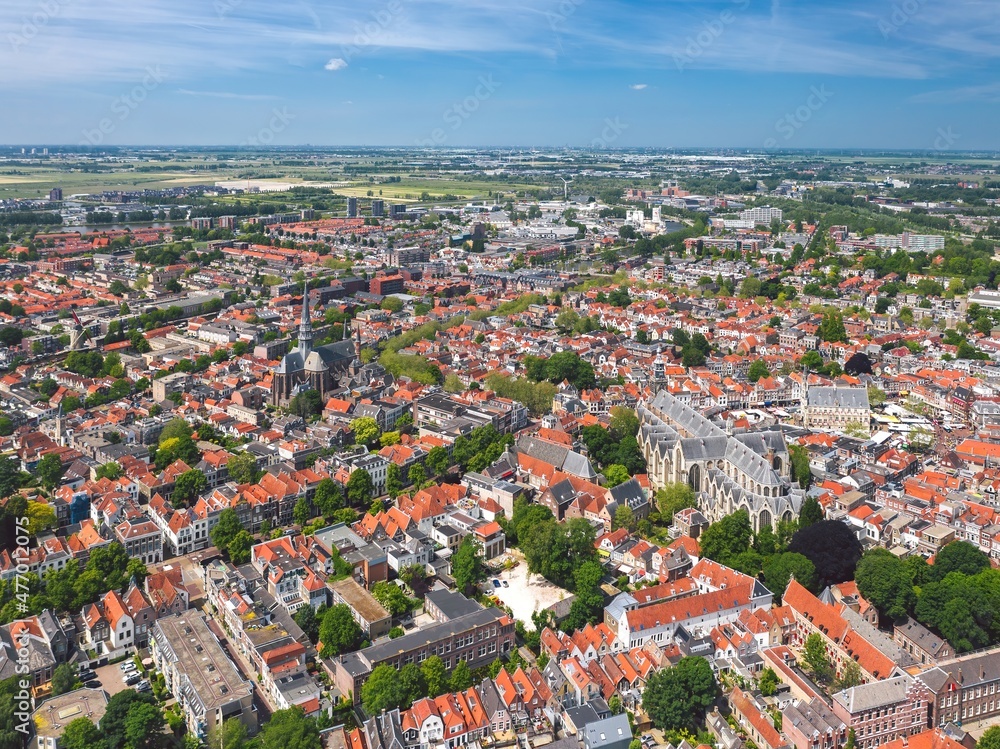 Sunny summer aerial cityscape of Gouda, cheese capital town in Netherlands 