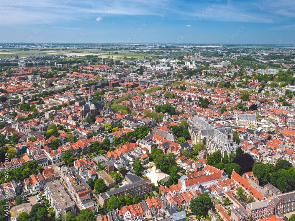 Sunny summer aerial cityscape of Gouda, cheese capital town in Netherlands