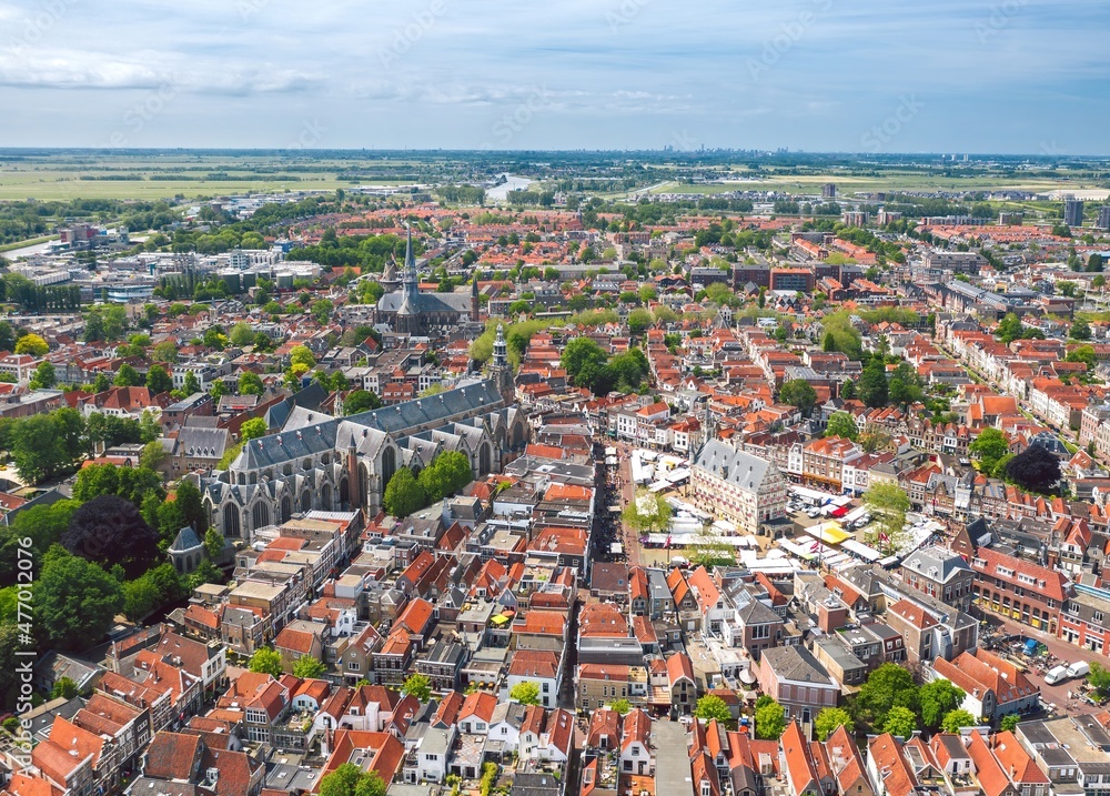 Sunny summer aerial cityscape of Gouda, cheese capital town in Netherlands
