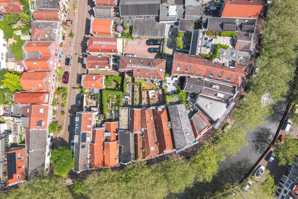 Aerial photo of traditional historic Dutch city planning: old town encircled by the canal. Gouda, Netherlands