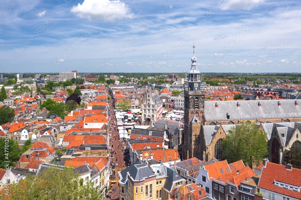 Sunny summer aerial cityscape of Gouda, cheese capital town in Netherlands