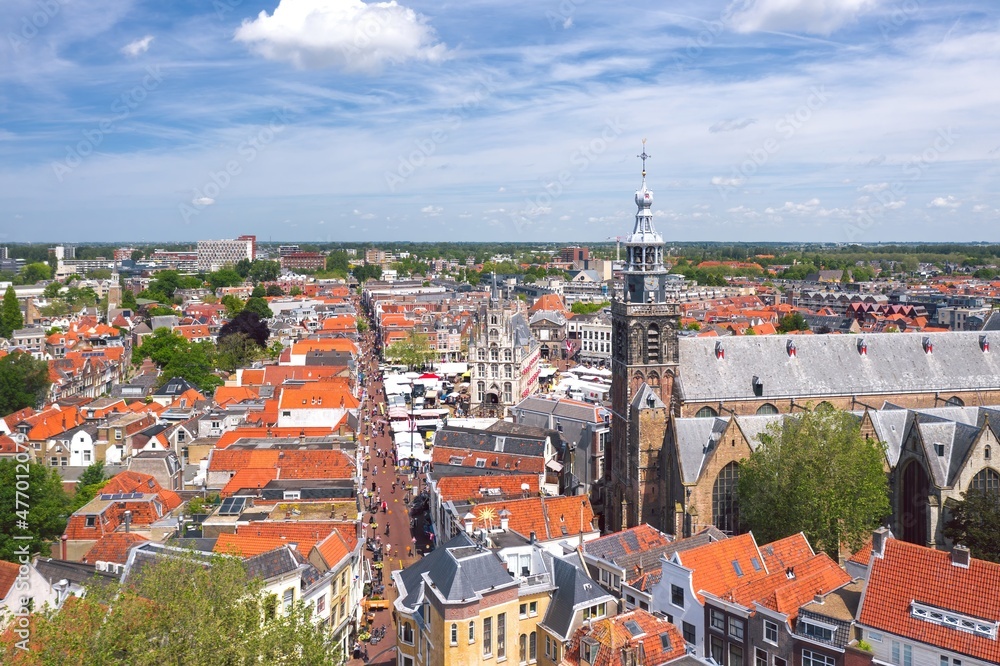 Sunny summer aerial cityscape of Gouda, cheese capital town in Netherlands 