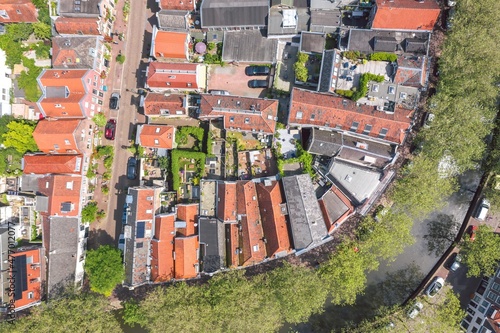 Obraz na płótnie Aerial photo of traditional historic Dutch city planning: old town encircled by the canal. Gouda, Netherlands w salonie