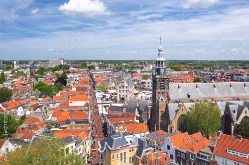 Sunny summer aerial cityscape of Gouda, cheese capital town in Netherlands  photo