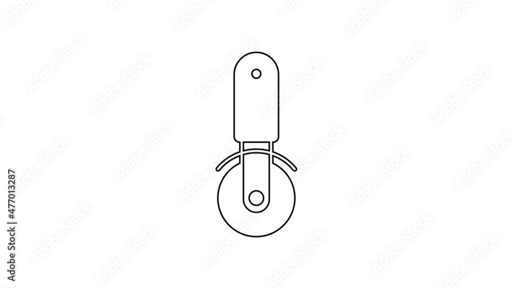 Black line Pizza knife icon isolated on white background. Pizza cutter sign. Steel kitchenware equipment. 4K Video motion graphic animation Black line Pizza knife icon isolated on white background. Pizza cutter sign. Steel kitchenware equipment. 4K Video motion graphic animation