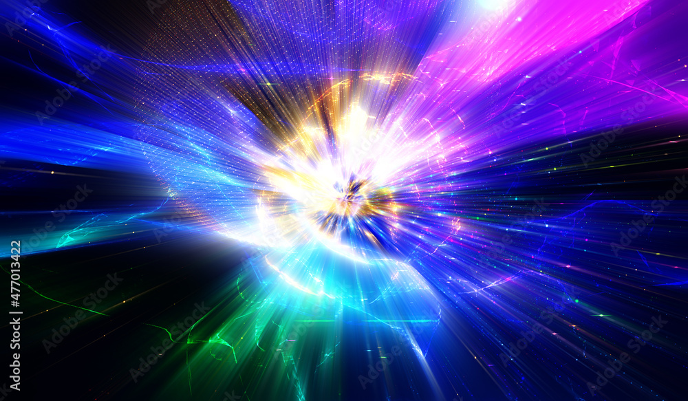 Fototapeta premium Light explosion star with glowing particles and lines. Beautiful abstract illustration with rays. Background multicolored.