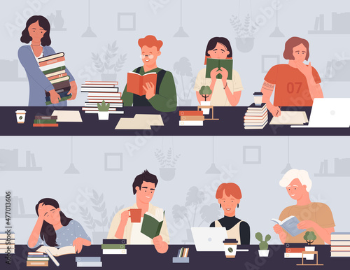 Student people study at classroom or library table, school education vector illustration set. Cartoon boy girl characters sitting at desk, teenagers read paper books, studying together background