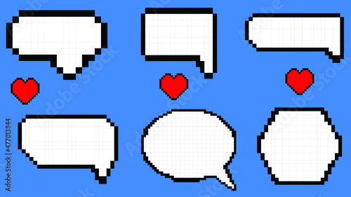 Collection set of the pixel blank speaking box, speech bubbles, frame talk, chat box, balloon, thinking balloons, border frame, thought bubble