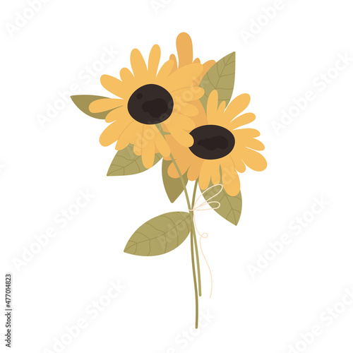 Sunflower bouquet. Fresh florist arranged yellow sunflowers bouquet. Vector illustration in cartoon style. Isolated on white background.