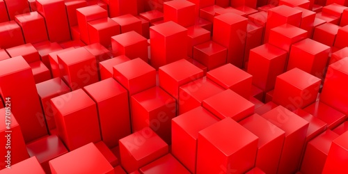 Abstract background of many red cubes. Geometric design. 3D visualization