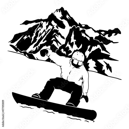 snowboarding vector illustration. Sports snowboarding. Mountain landscape. Snowboarder goggles. Vinyl cutting and printing file.