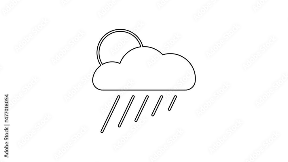 Black line Cloud with rain and sun icon isolated on white background. Rain cloud precipitation with rain drops. 4K Video motion graphic animation Black line Cloud with rain and sun icon isolated on white background. Rain cloud precipitation with rain drops. 4K Video motion graphic animation