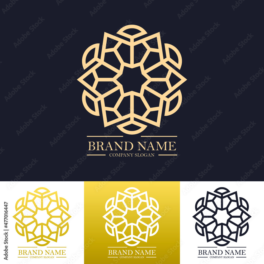 Simple luxury round floral logo design in gold color with trendy linear or line art mandala concept. Vector illustration template for hotel, Spa, Restaurant, VIP, Fashion and Premium brand identity. Simple luxury round floral logo design in gold color with trendy linear or line art mandala concept. Vector illustration template for hotel, Spa, Restaurant, VIP, Fashion and Premium brand identity.