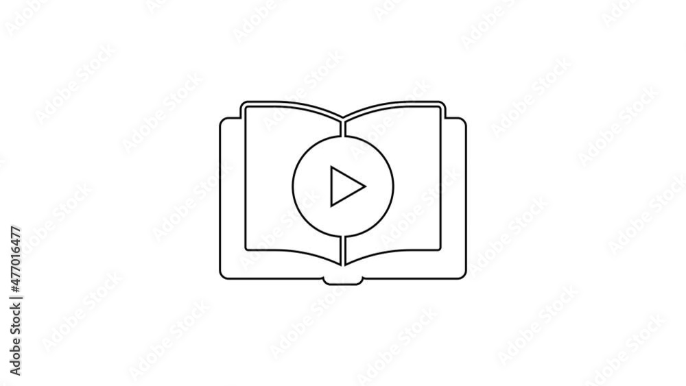 Black line Audio book icon isolated on white background. Play button and book. Audio guide sign. Online learning concept. 4K Video motion graphic animation Black line Audio book icon isolated on white background. Play button and book. Audio guide sign. Online learning concept. 4K Video motion graphic animation
