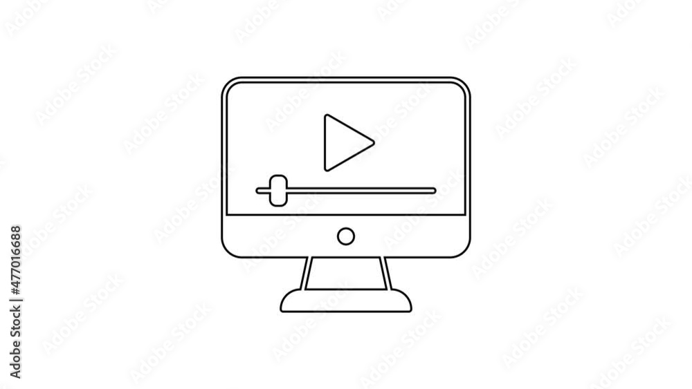 Black line Online play video icon isolated on white background. Film strip with play sign. 4K Video motion graphic animation Black line Online play video icon isolated on white background. Film strip with play sign. 4K Video motion graphic animation