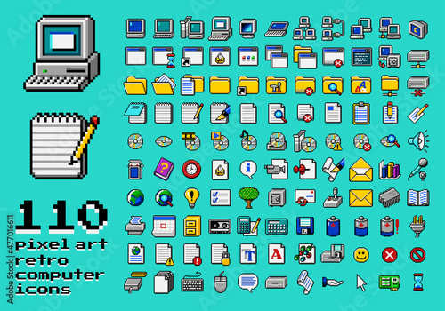 Retro computer interface elements set. Old PC UI icon assets for computer, folder, notepad text document, media laser compact disc, folder, battery, storage, media. 110 isolated items