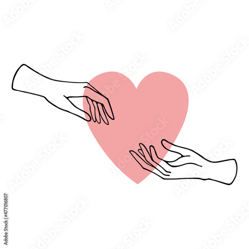 Two hands reaching for each other. Couple in love. Hands and heart. Happy Valentine's day. World Heart Day. Outline hands. Flat design.