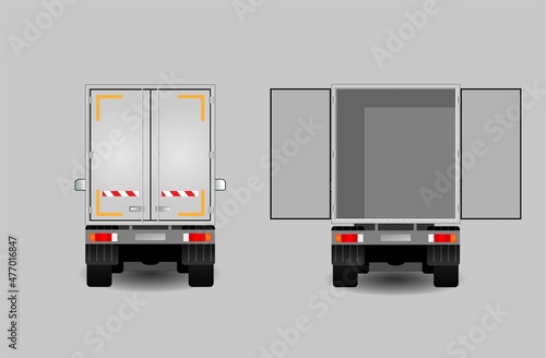 Truck with open and closed body doors, rear view. Cargo delivery van. Vector illustration.