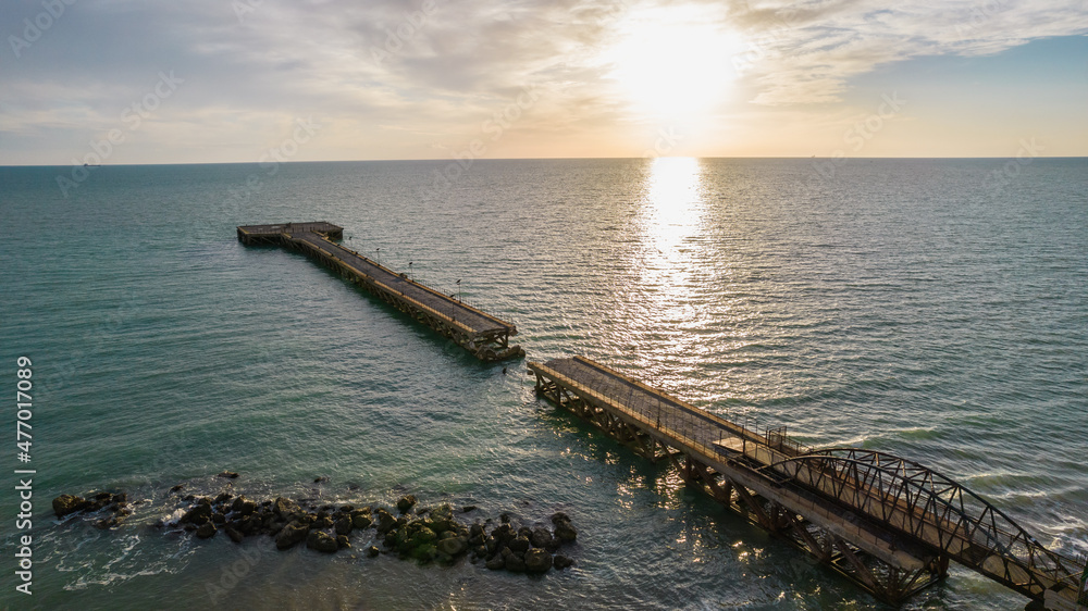 Aerial View at Sunset of the Allies Pier of Landing in Gela City, Caltanissetta, Sicily, Italy, Europe