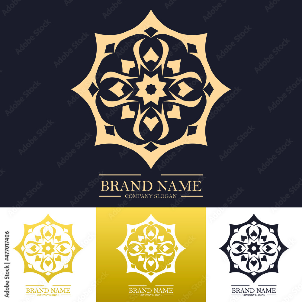 Simple luxury round floral logo design in gold color with trendy linear or line art mandala concept. Vector illustration template for hotel, Spa, Restaurant, VIP, Fashion and Premium brand identity.