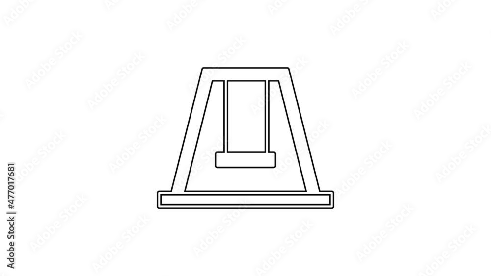 Black line Swing for kids summer games on playground icon isolated on white background. Outdoor entertainment equipment. 4K Video motion graphic animation Black line Swing for kids summer games on playground icon isolated on white background. Outdoor entertainment equipment. 4K Video motion graphic animation