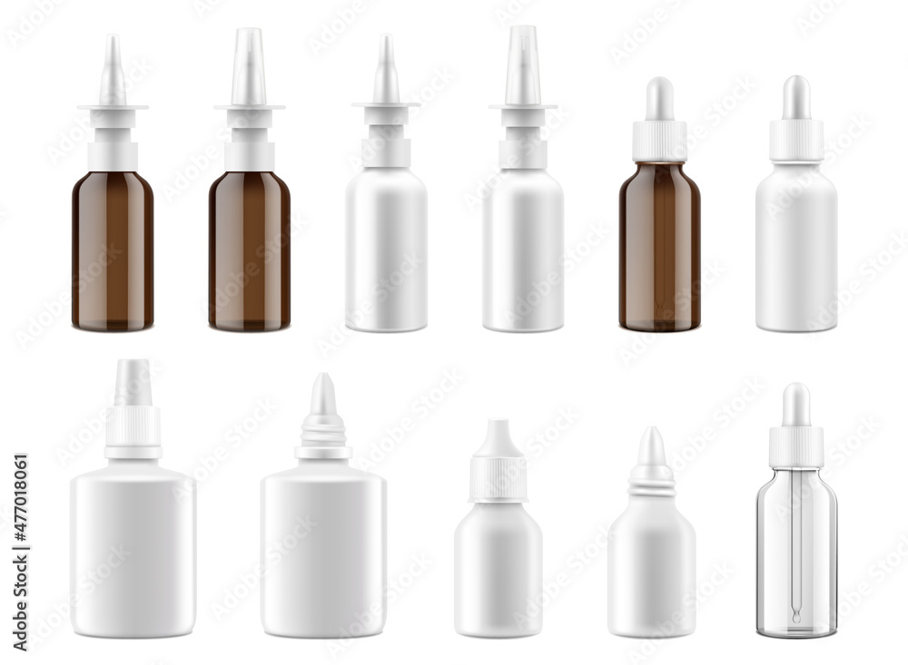 Dropper and spray bottles mockup set. 3d Realistic medical containers for nasal, eye drops, aromatic oil. Vector isolated plastic and glass bottles with screw lids on white background - obrazy, fototapety, plakaty 