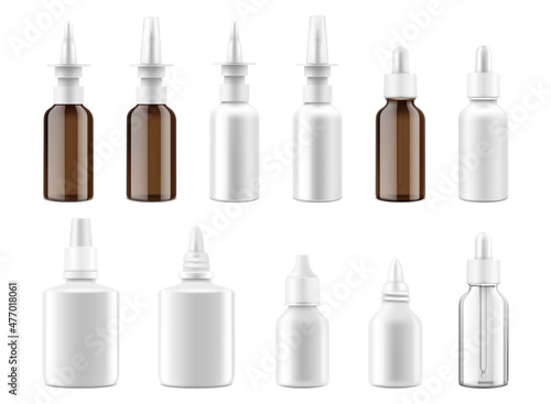 Dropper and spray bottles mockup set. 3d Realistic medical containers for nasal, eye drops, aromatic oil. Vector isolated plastic and glass bottles with screw lids on white background