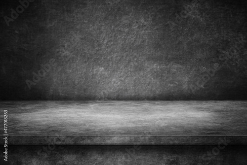 Empty old interior, grunge background. Black table in the dark background. 3D illustration 