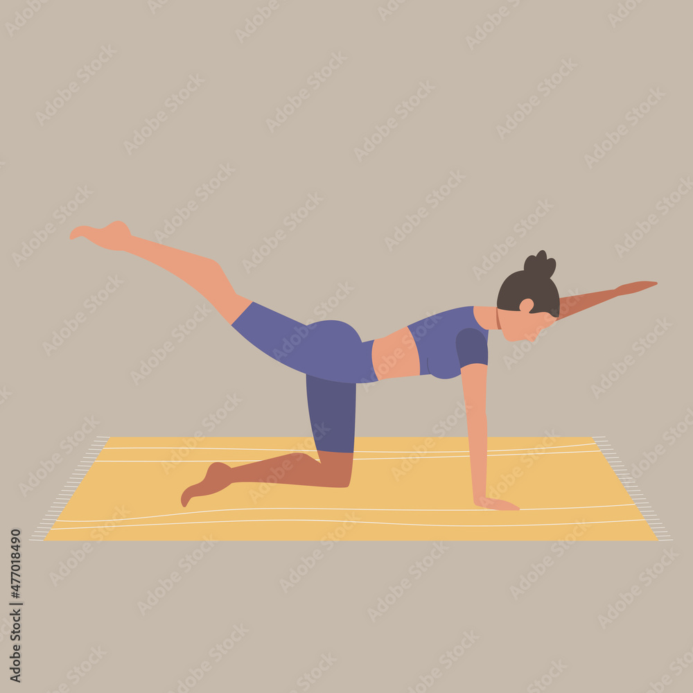  Girl exercising at home. Female doing yoga. Modern illustration of a woman doing yoga.