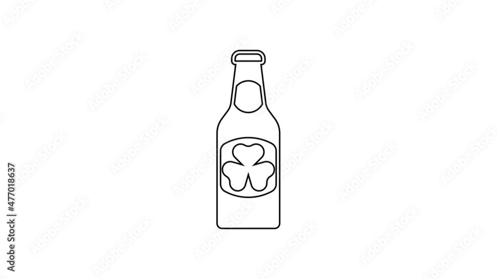 Black line Beer bottle with clover trefoil leaf icon isolated on white background. Happy Saint Patricks day. National Irish holiday. 4K Video motion graphic animation Black line Beer bottle with clover trefoil leaf icon isolated on white background. Happy Saint Patricks day. National Irish holiday. 4K Video motion graphic animation