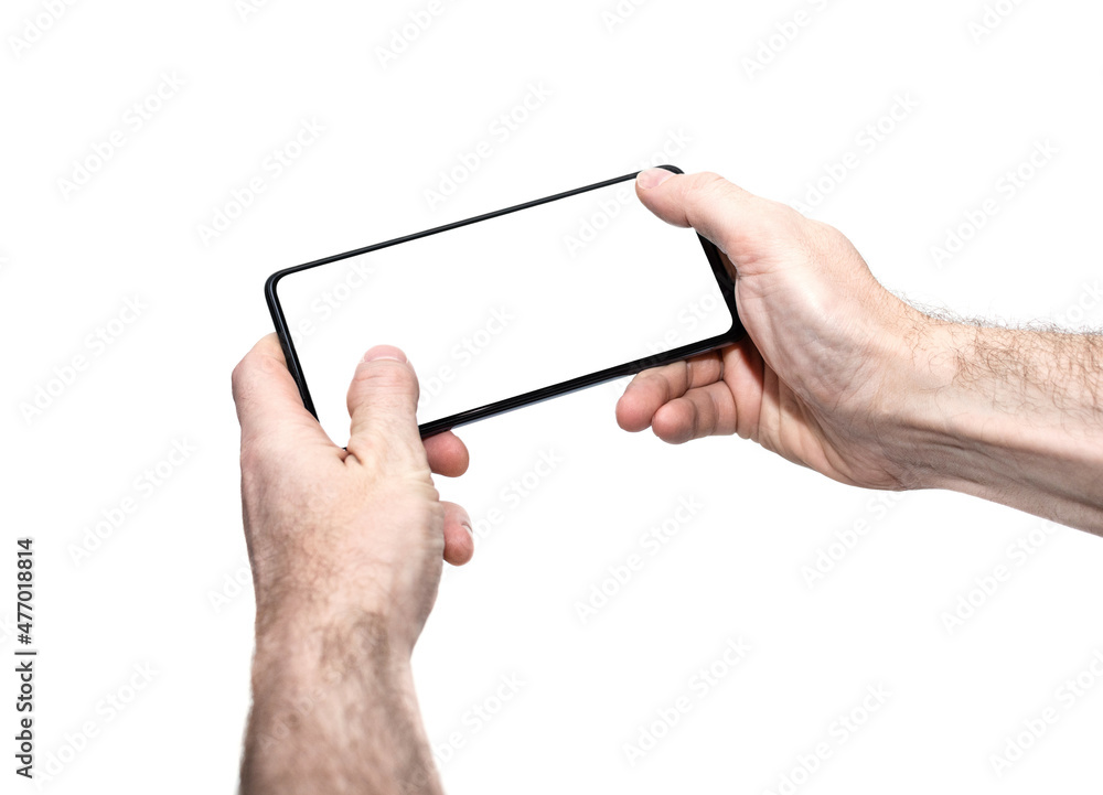 man holding smartphone with blank screen on white background man holding smartphone with blank screen on white background