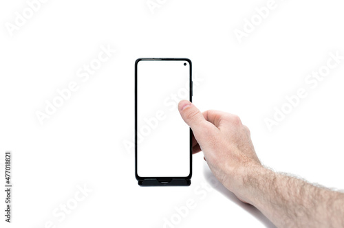 man holding smartphone with blank screen on white background
