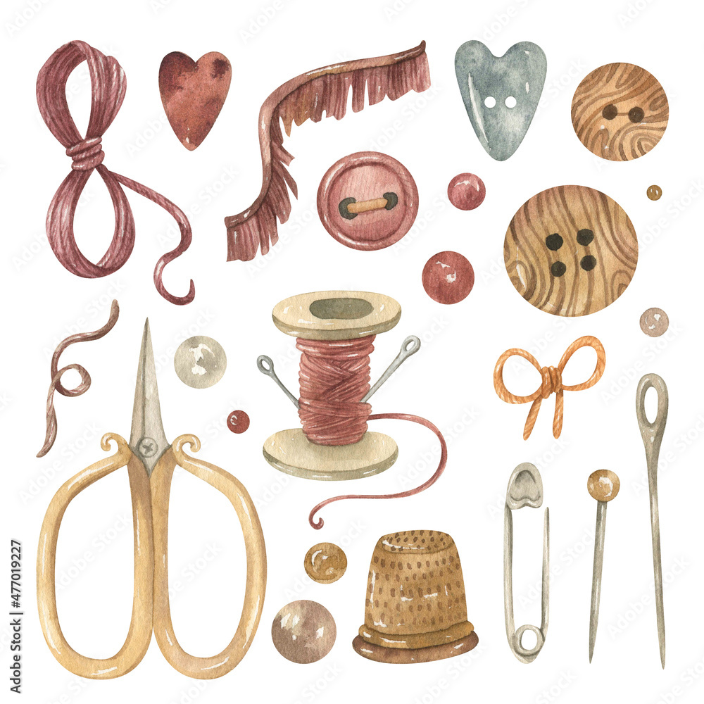 Watercolor clipart on the theme of cozy sewing: thread rolls, fringed  braid, vintage scissors, sewing needles, wooden buttons, spools of thread,  pin, thimble, various beads. Symbols for design Stock-illustration | Adobe  Stock