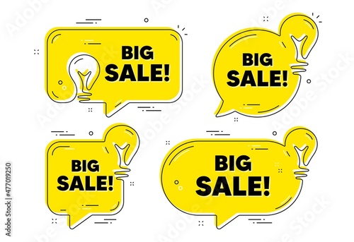 Big Sale text. Idea yellow chat bubbles. Special offer price sign. Advertising Discounts symbol. Big sale chat message banners. Idea lightbulb balloons. Vector