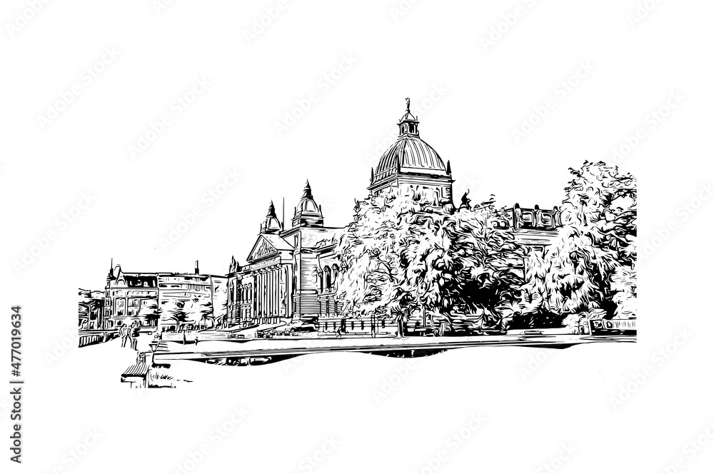 Building view with landmark of Leipzig is the
city in Germany. Hand drawn sketch illustration in vector.