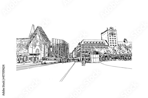 Building view with landmark of Leipzig is the 
city in Germany. Hand drawn sketch illustration in vector.
