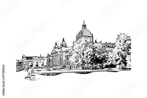 Obraz na płótnie Building view with landmark of Leipzig is the
city in Germany. Hand drawn sketch illustration in vector. w salonie