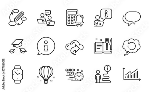 Education icons set. Included icon as Recovery data, Quick tips, Smartwatch signs. Teamwork, Recipe book, Cloud share symbols. Calculator alarm, Keywords, Throw hats. Air balloon, Graph. Vector