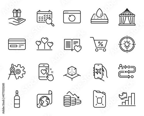 Vector set of Translation service, Loyalty program and Cogwheel dividers line icons set. Heart rating, Flight mode and Augmented reality icons. Translation service web symbol. Vector