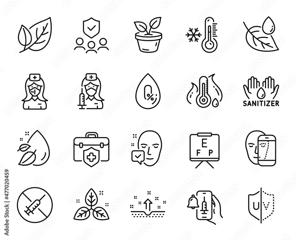 Vector set of Leaf dew, Uv protection and Face biometrics line icons set. People insurance, Clean skin and Face accepted icons. Hand sanitizer, Vision board and No vaccine signs. Vector Vector set of Leaf dew, Uv protection and Face biometrics line icons set. People insurance, Clean skin and Face accepted icons. Hand sanitizer, Vision board and No vaccine signs. Vector
