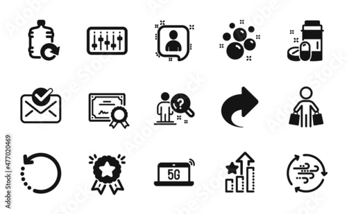 Vector set of Recovery data, Share and Ranking stars icons simple set. Ranking star, Search employee and Medical drugs icons. 5g notebook, Refill water and Buyer signs. Vector